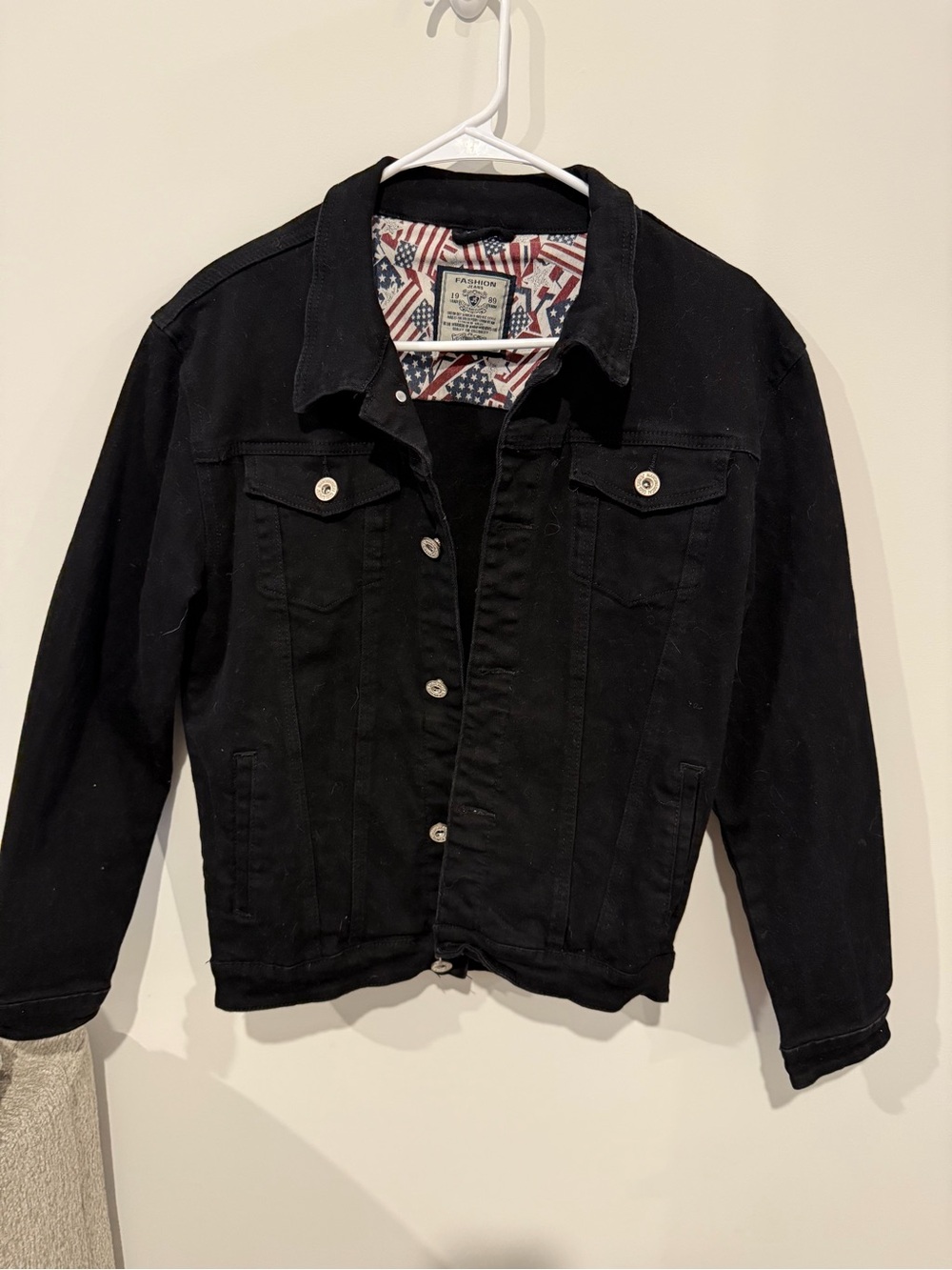 Black Denim Jacket with Flag-Lined Collar